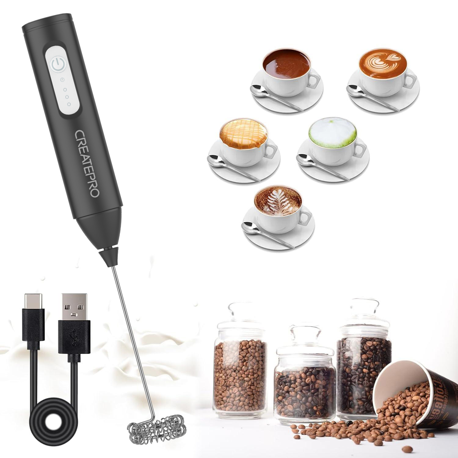 Electric Milk Frother Handheld - เครื่องตีฟองนมแบบชาร์จไฟได้ เครื่องทำฟองนมอัตโนมัติแบบมือถือ เครื่องตีฟองนมไฟฟ้า