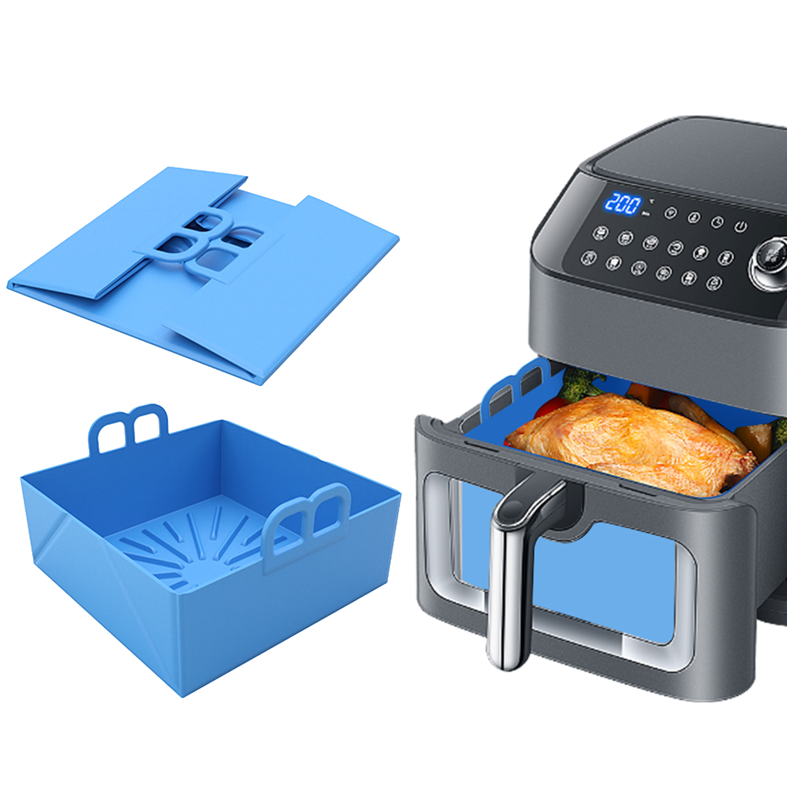 Air Fryer Silicone Pot Liner - ถาดซิลิโคนสำหรับหม้อทอดไร้น้ำมันแบบพับได้ ใช้ซ้ำได้ ใช้สำหรับอบ ใส่ในเตาอบ ใช้เป็นแผ่นรอง ใช้ได้กับหม้อทอดไร้น้ำมันขนาด