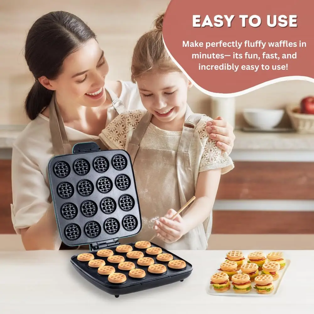 Mini Waffle Maker Machine - เครื่องทำวาฟเฟิล 16 หลุม, ระบบทำความร้อนเร็ว พื้นผิวไม่ติดกระทะ เครื่องทำวาฟเฟิลขนาดเล็ก