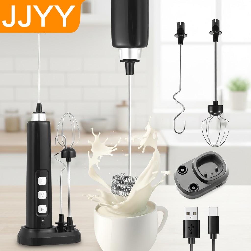 Electric Milk Frother Handheld - เครื่องตีฟองนมแบบมือถือ ชาร์จผ่าน USB พร้อมหัวต่ออเนกประสงค์ 3 ระดับความเร็ว
